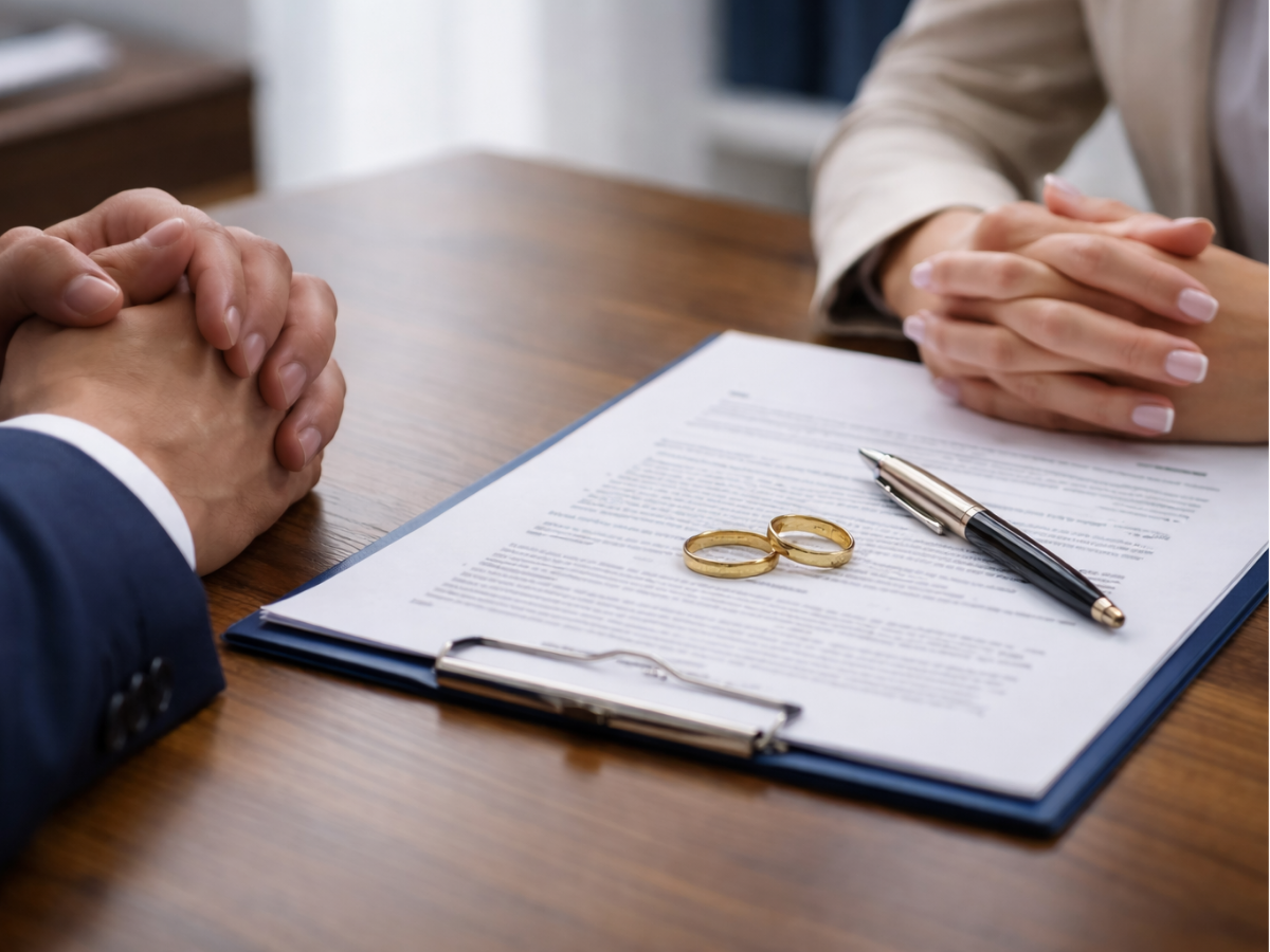 Documento de participação final nos aquestos sobre a mesa com duas alianças apoiadas ao centro e mãos de um casal em posição de diálogo.