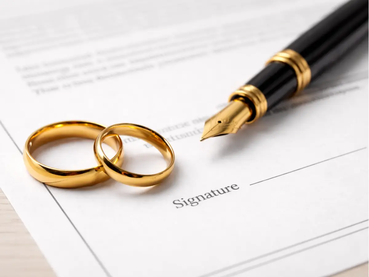 Duas alianças douradas ao lado de uma caneta sobre um documento de regimes de casamento