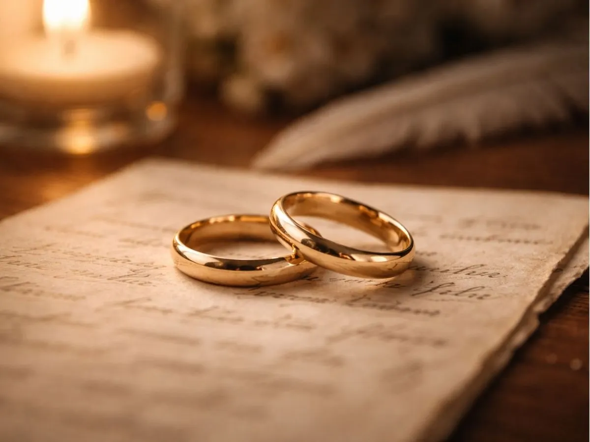 Dois anéis dourados apoiados sobre um papel antigo em ambiente aconchegante.