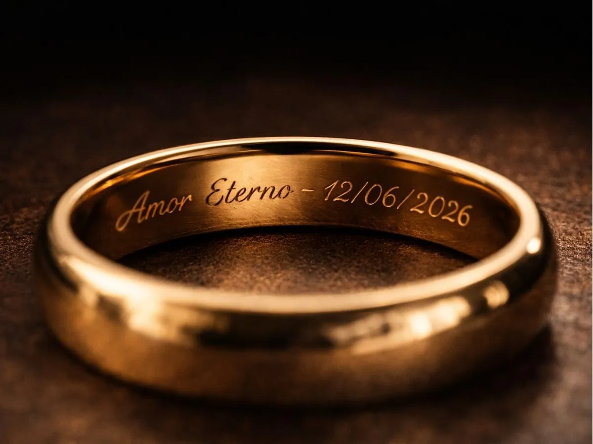 Aliança de casamento em anel dourado com gravação interna visível apoiado sobre uma superfície escura.