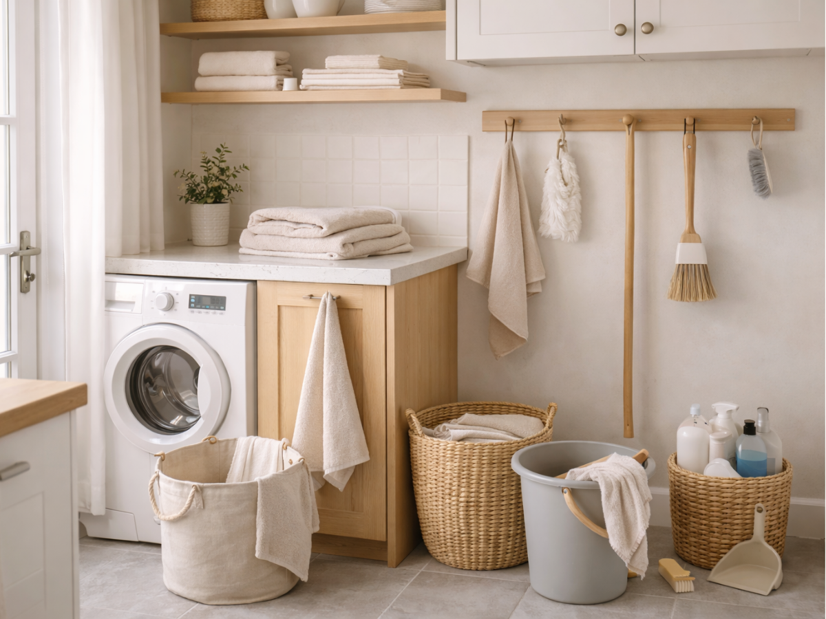 Enxoval de casa nova representado por lavanderia com máquina de lavar, cestos e produtos organizados.