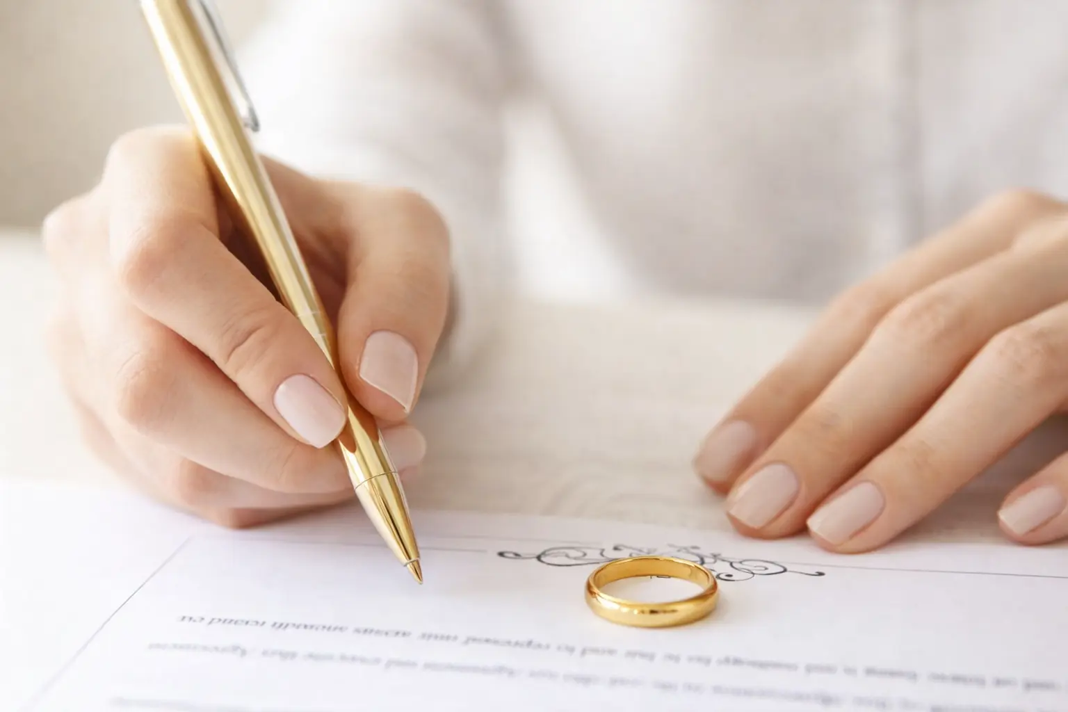 Pessoa assinando documento com caneta dourada e aliança apoiada ao lado.