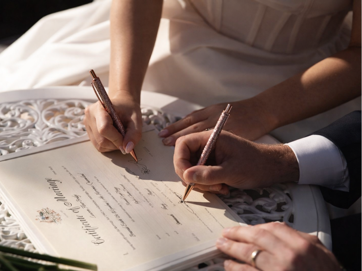 Duas pessoas assinando um documento sobre uma mesa.