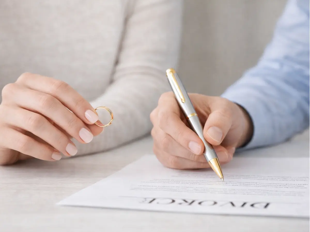Pessoa assinando documento enquanto outra segura uma aliança ao lado.