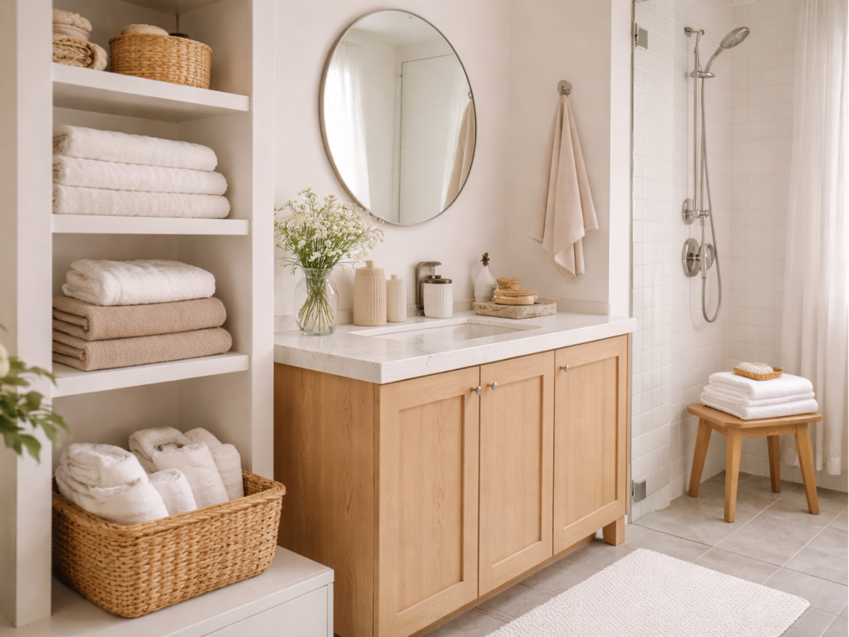 Banheiro claro com toalhas dobradas, bancada limpa e espelho redondo.