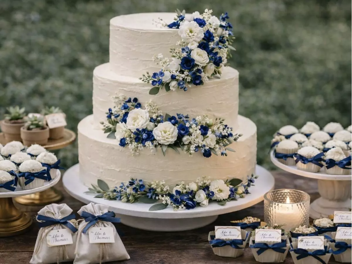 Bolo de vários andares decorado com flores claras e detalhes naturais.