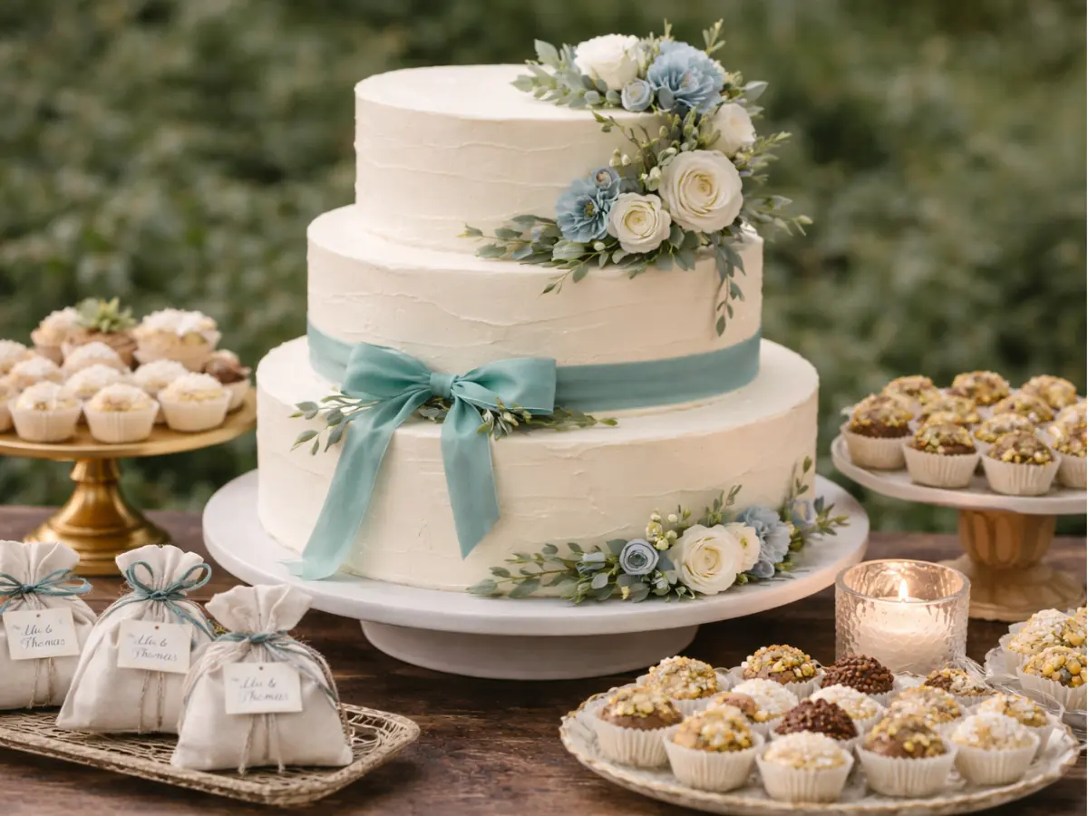 Bolo de casamento branco em três andares com laço e flores em tom teal, acompanhado de doces decorados