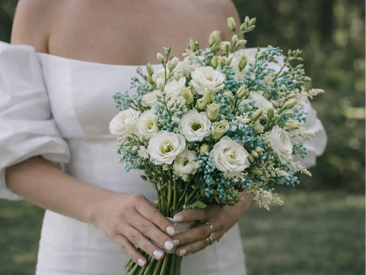Buquê da noiva com flores brancas e detalhes em azul-esverdeado, segurado por noiva com vestido branco ombro a ombro.