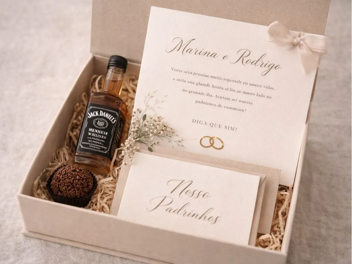 Caixa com convite impresso, lembranças e itens decorativos organizados em seu interior.