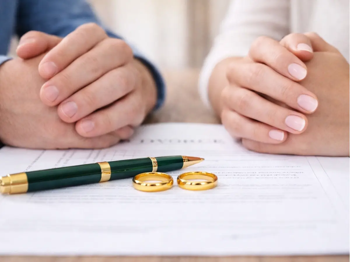 Casal com as mãos apoiadas sobre um documento, com alianças visíveis sobre a mesa.