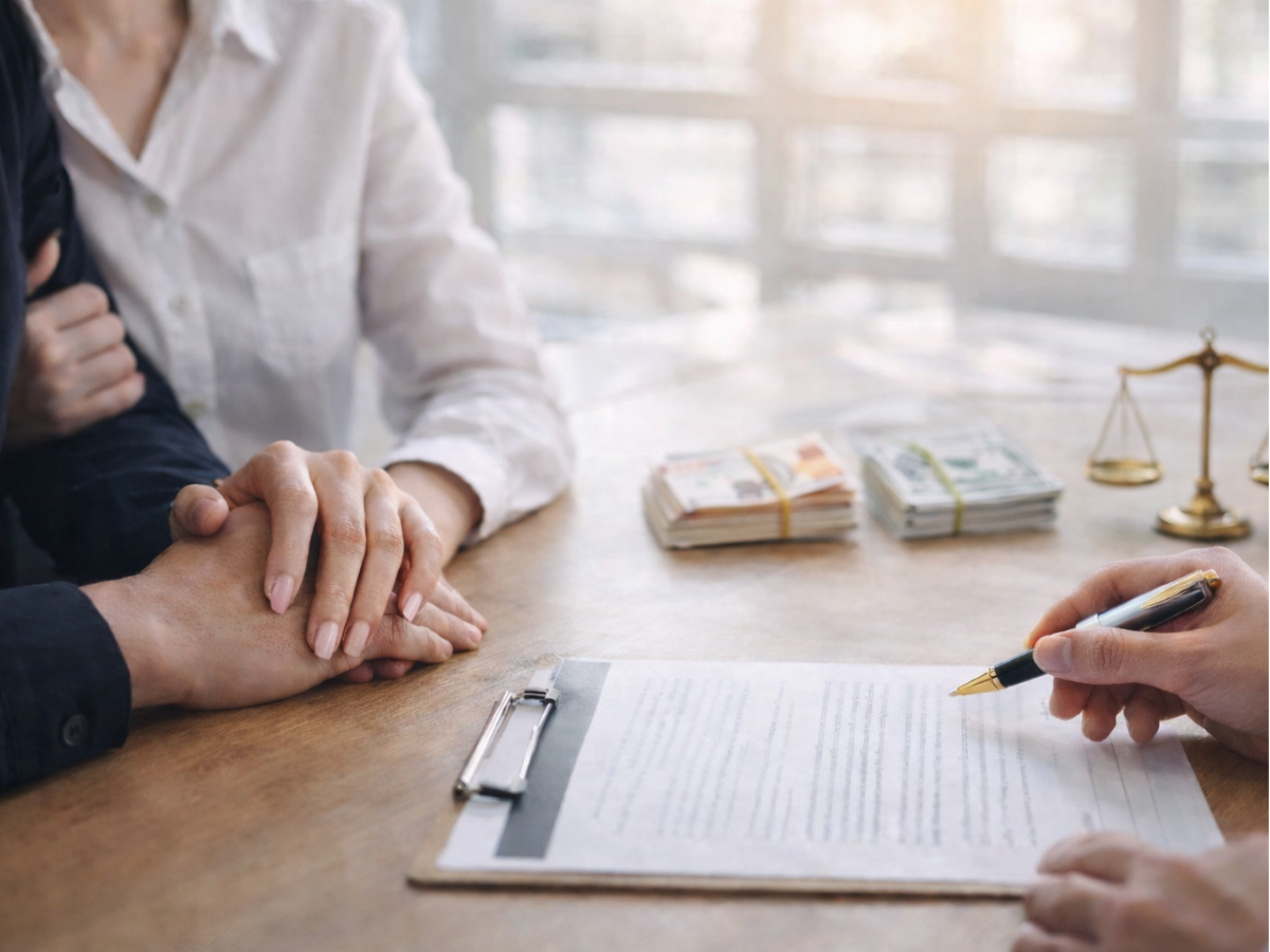Casal sentado à mesa analisando um documento com orientação jurídica e itens simbólicos de patrimônio ao fundo.
