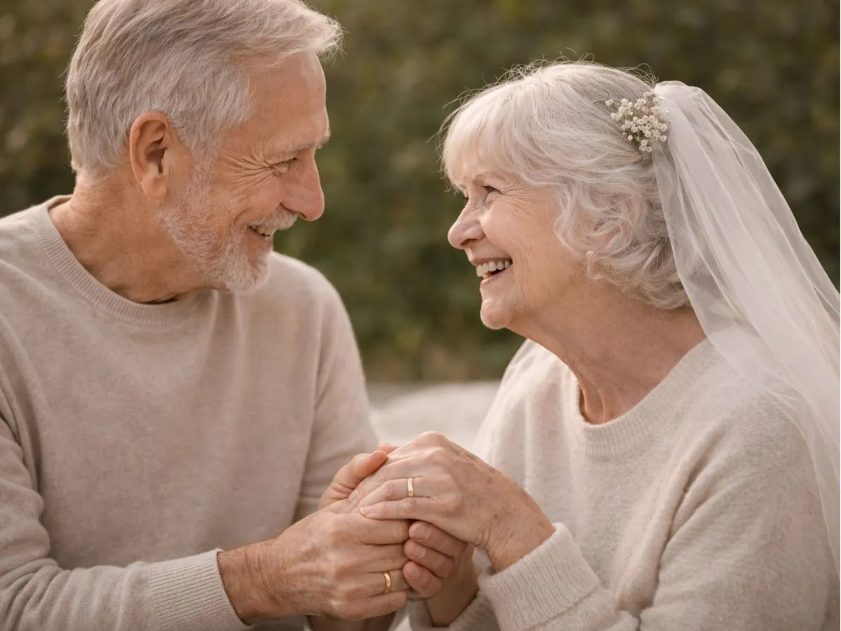 Casal idoso sorrindo e segurando as mãos durante a celebração do aniversário de casamento.