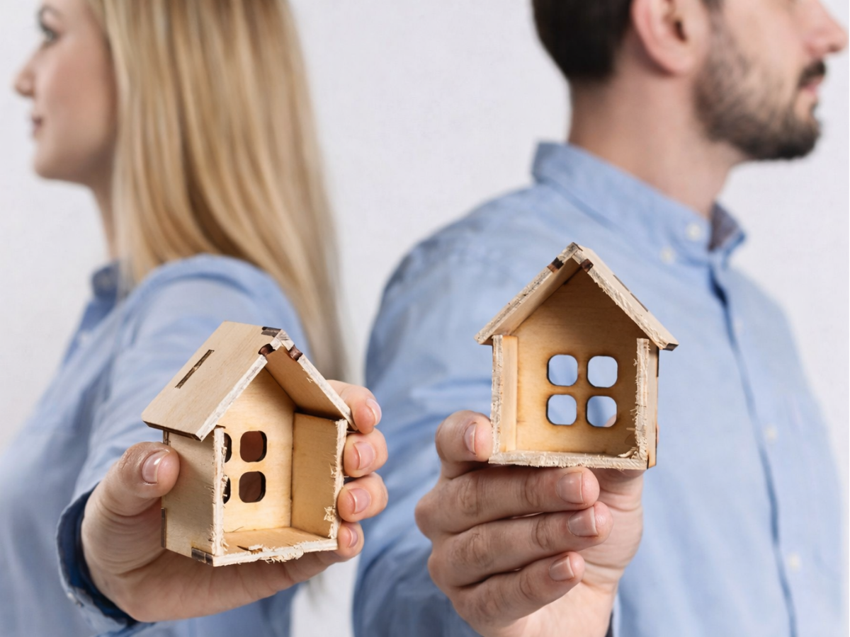Casal segurando duas miniaturas de casas, cada um com a sua, simbolizando assinatura de comunhão universal de bens