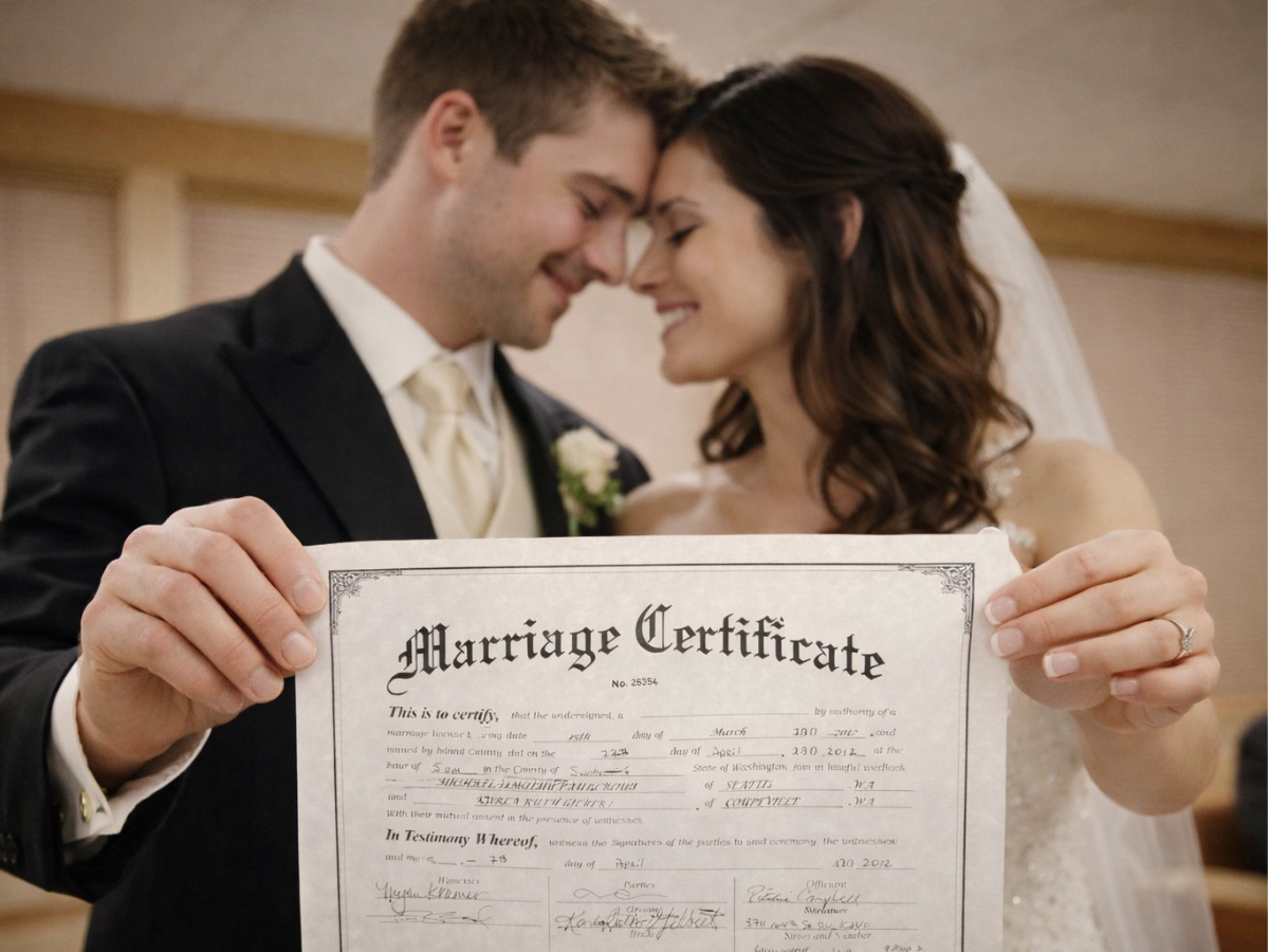 Licença casamento representada por casal segurando um documento oficial e sorrindo.