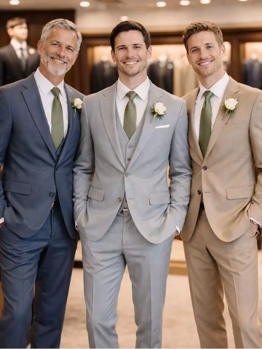 Homens vestidos com ternos claros e detalhes verdes em ambiente interno sofisticado.