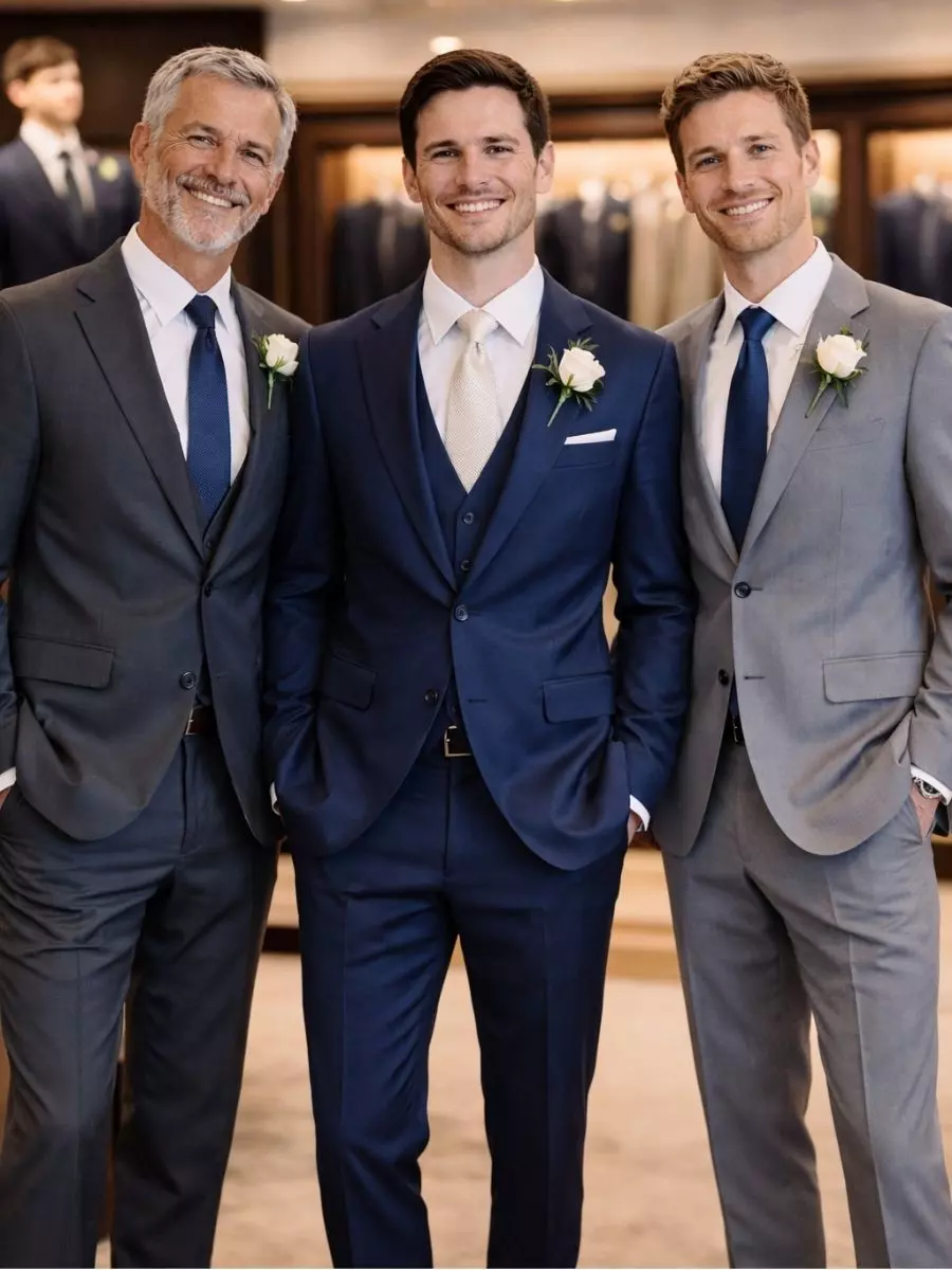 Três homens com ternos bem ajustados em azul-marinho e cinza, usando gravatas clássicas e boutonnières claras.