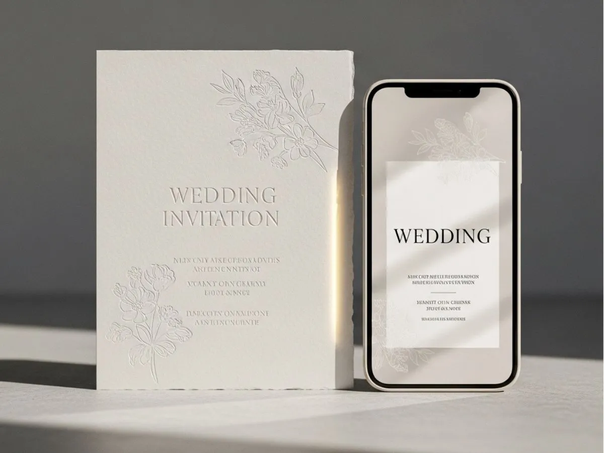 Convite impresso ao lado de um celular exibindo a versão digital do mesmo convite.