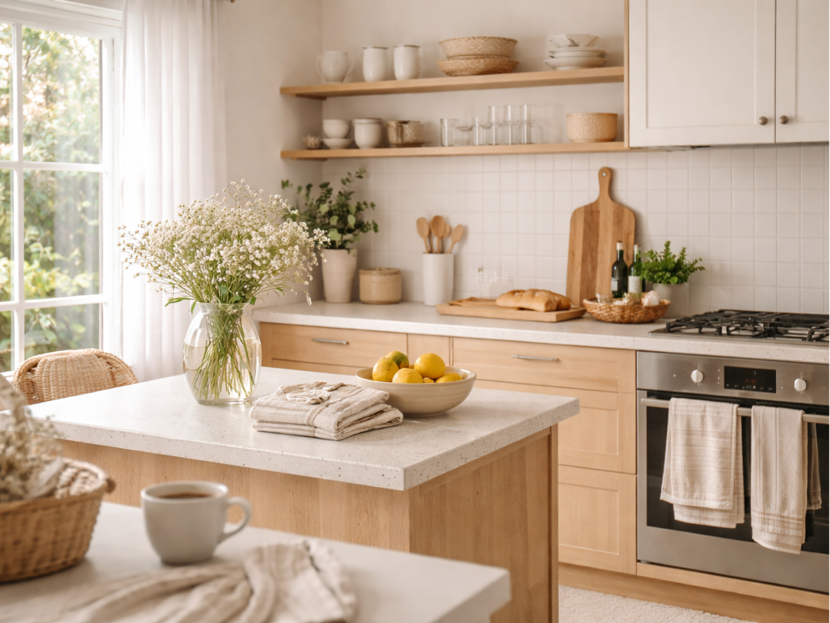Cozinha clara com bancada central, flores em vaso e itens organizados.