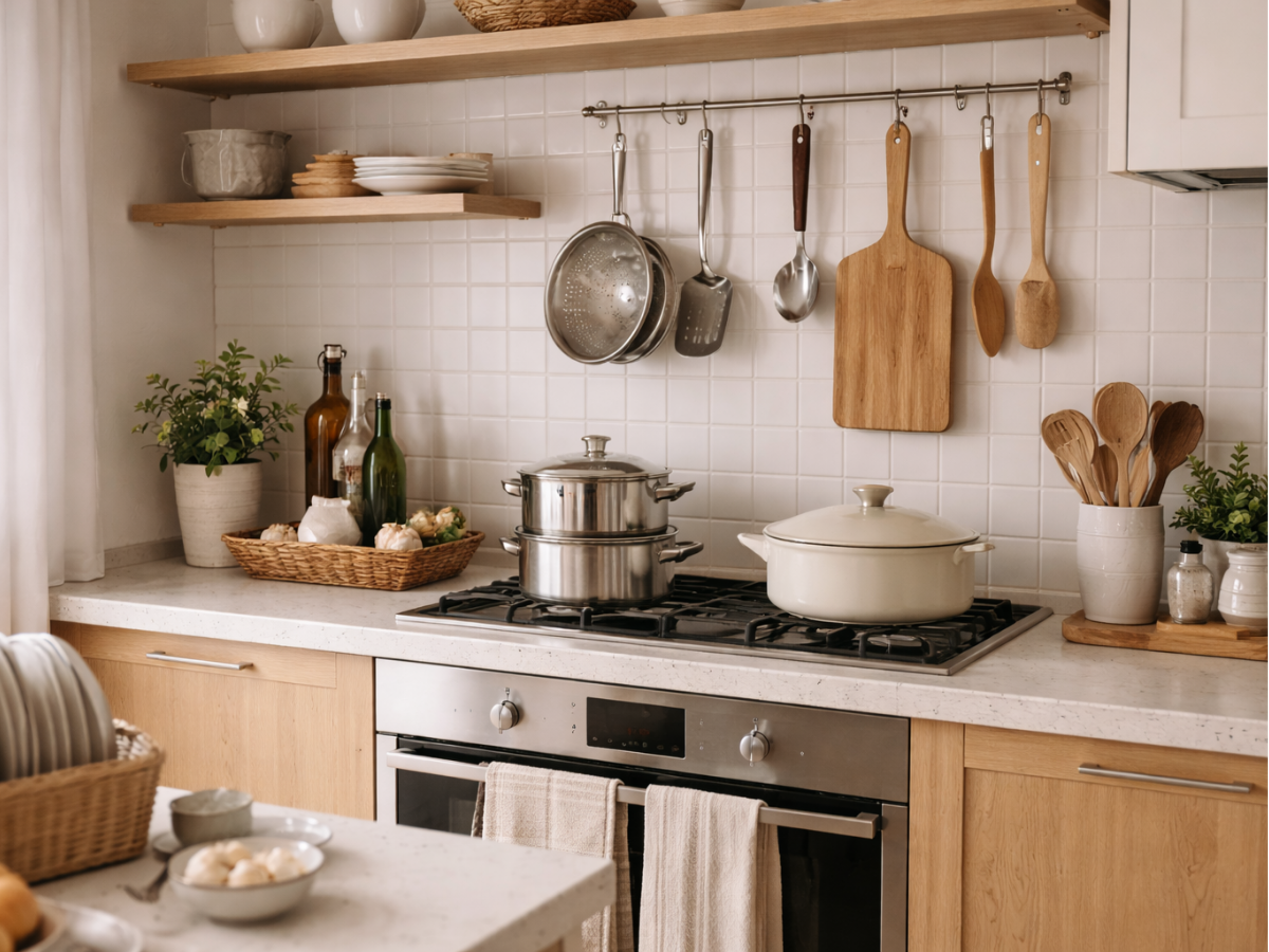 Cozinha organizada com panelas no fogão e utensílios pendurados na parede.