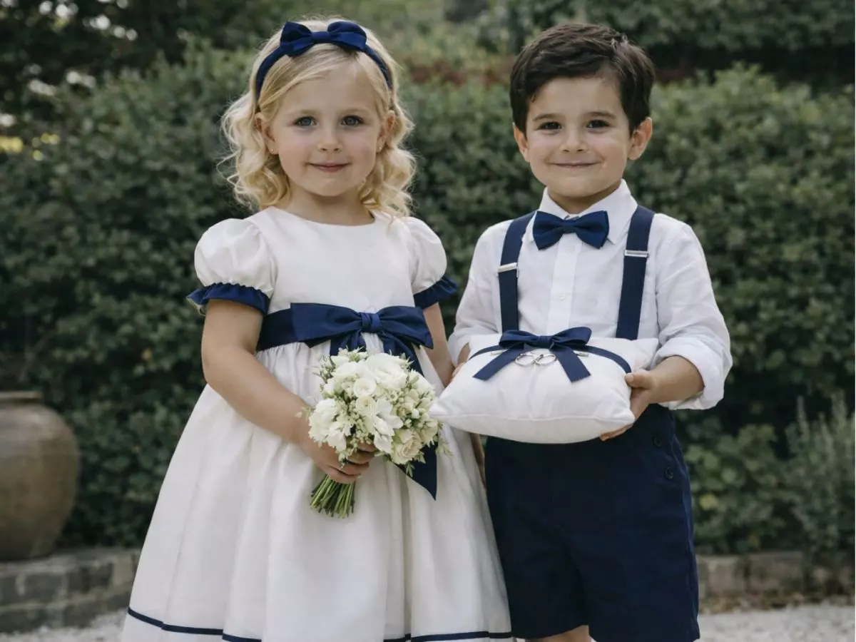 Daminha e pajem com trajes em azul-marinho e branco, segurando buquê e almofada de alianças.