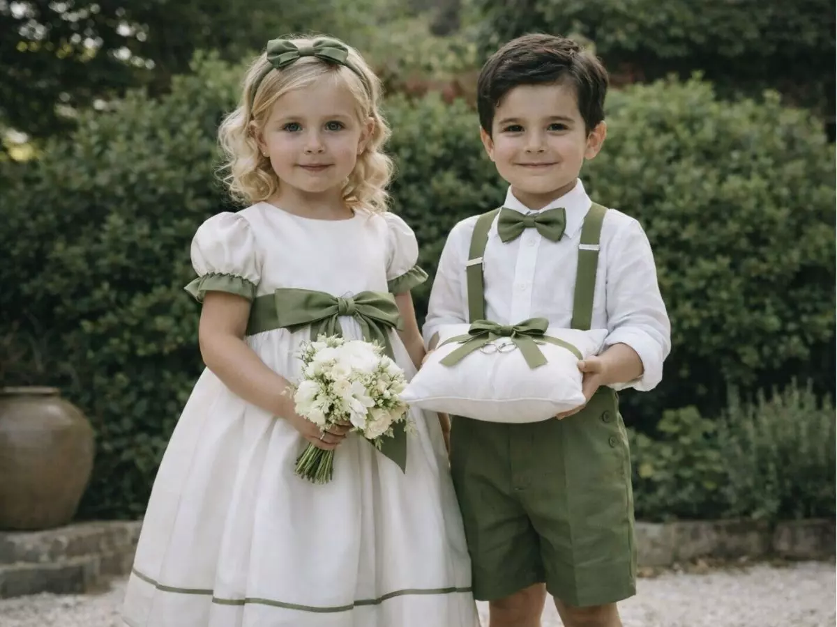 Crianças vestidas para cerimônia segurando flores e almofada com alianças.