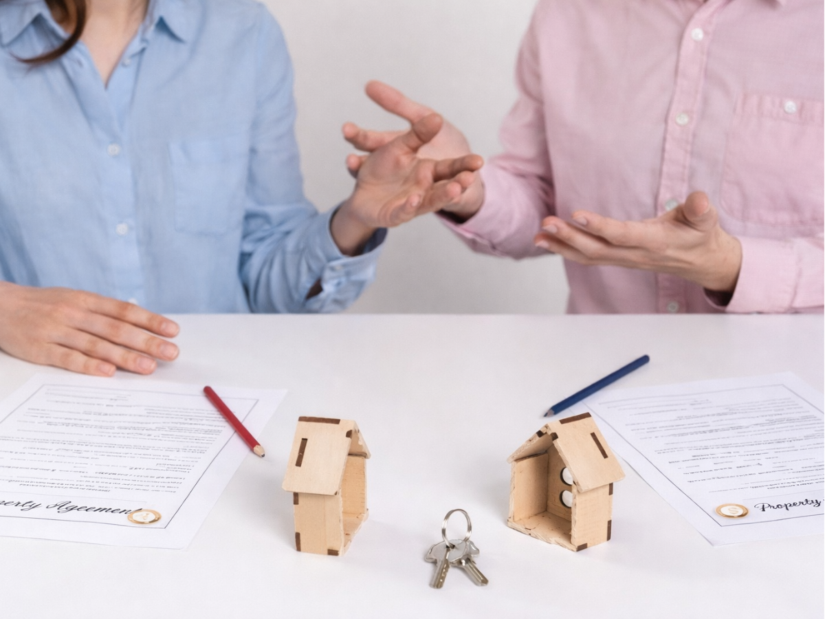 Duas pessoas conversando à mesa sobre documentos de separação total de bens com casas em miniatura e chaves ao centro.