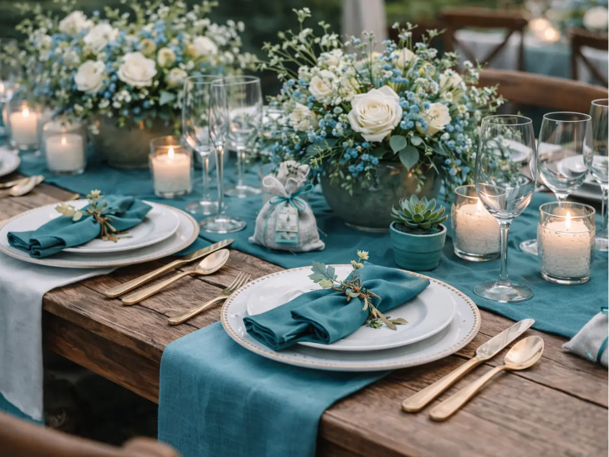 Mesa decorada para casamento com caminho de mesa teal, flores brancas, velas e louças claras.