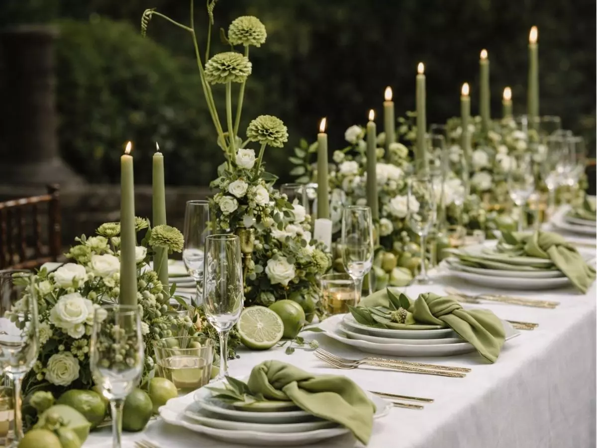Mesa comprida decorada com velas altas, criando um cenário elegante ao ar livre.