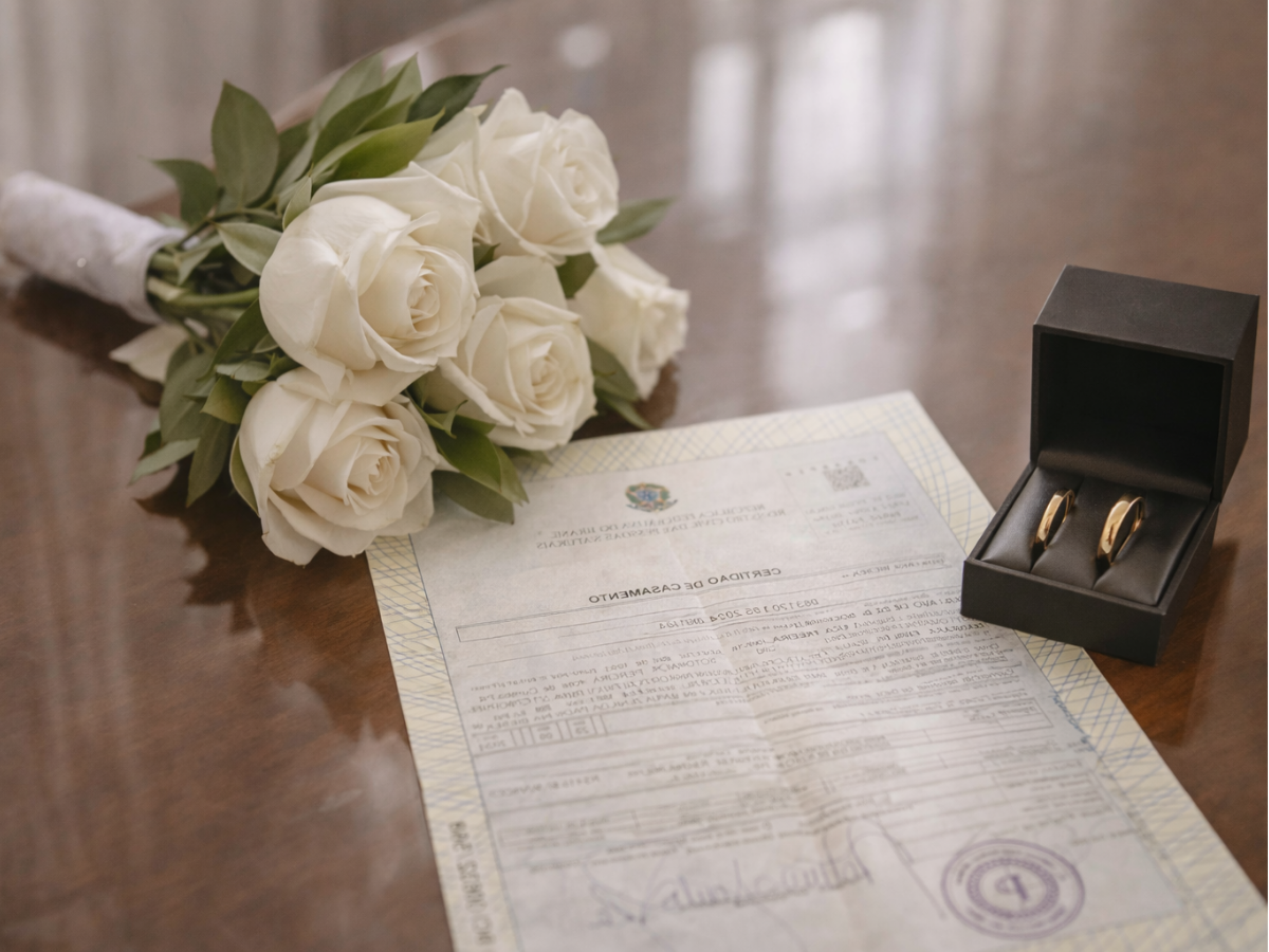 Documento oficial sobre a mesa ao lado de flores e alianças.