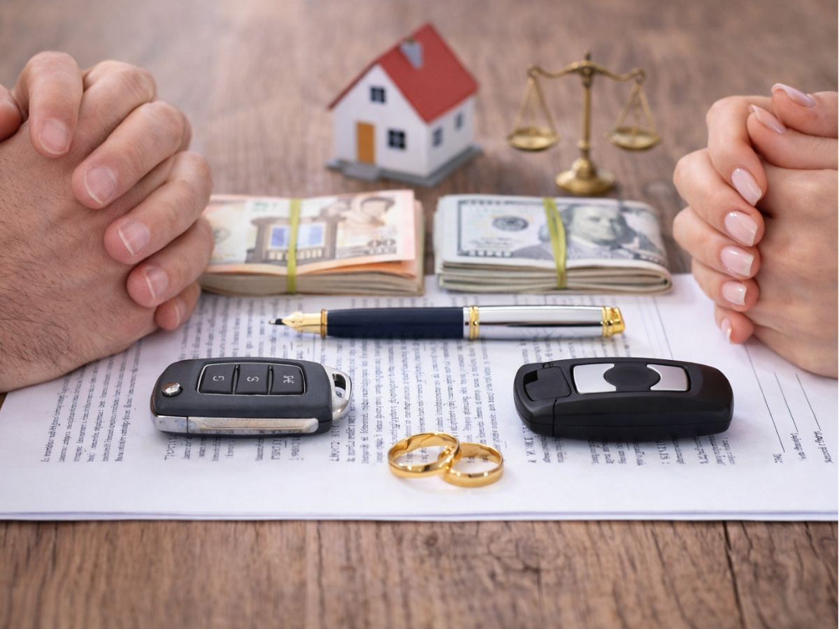 Documentos sobre a mesa com dinheiro, alianças, chaves e caneta, representando a organização patrimonial do casal.