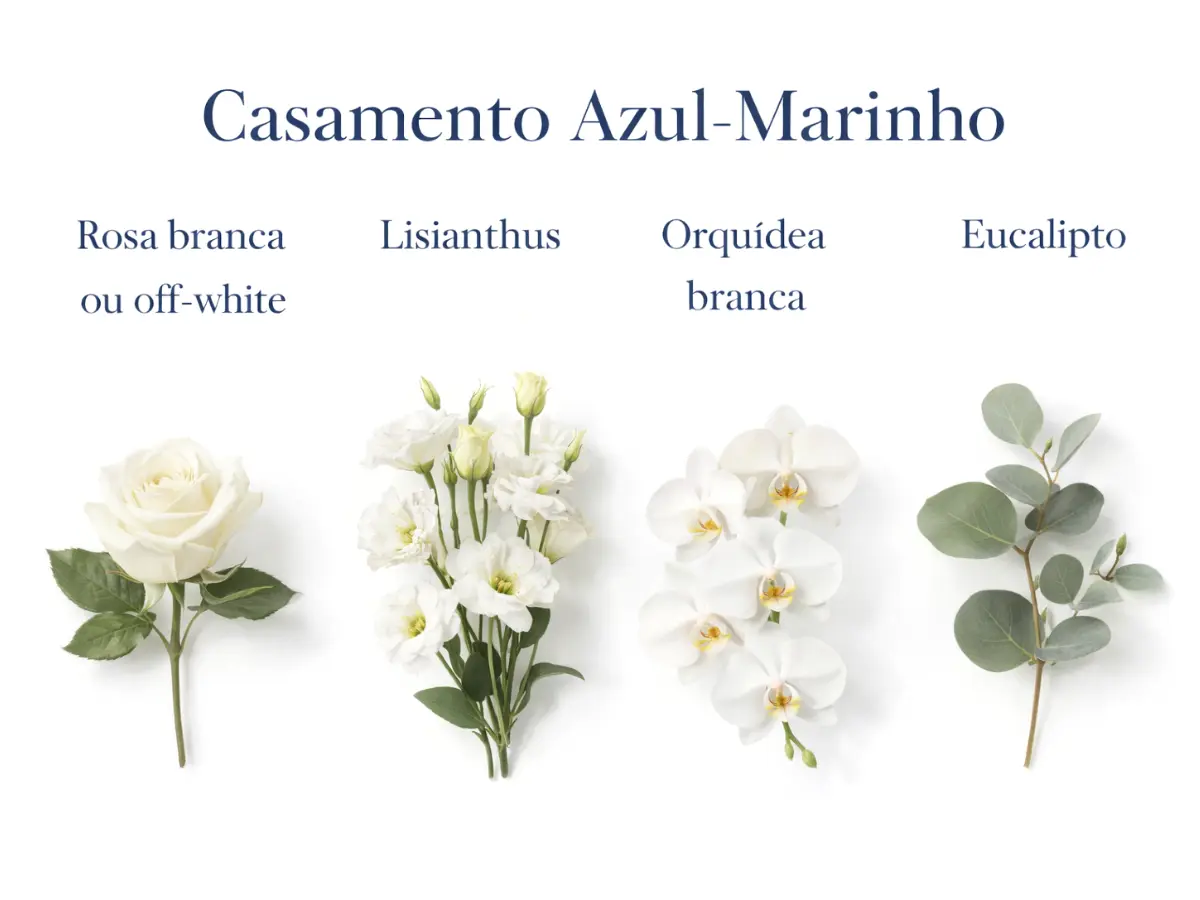 Seleção de flores claras e folhagens utilizadas na decoração.