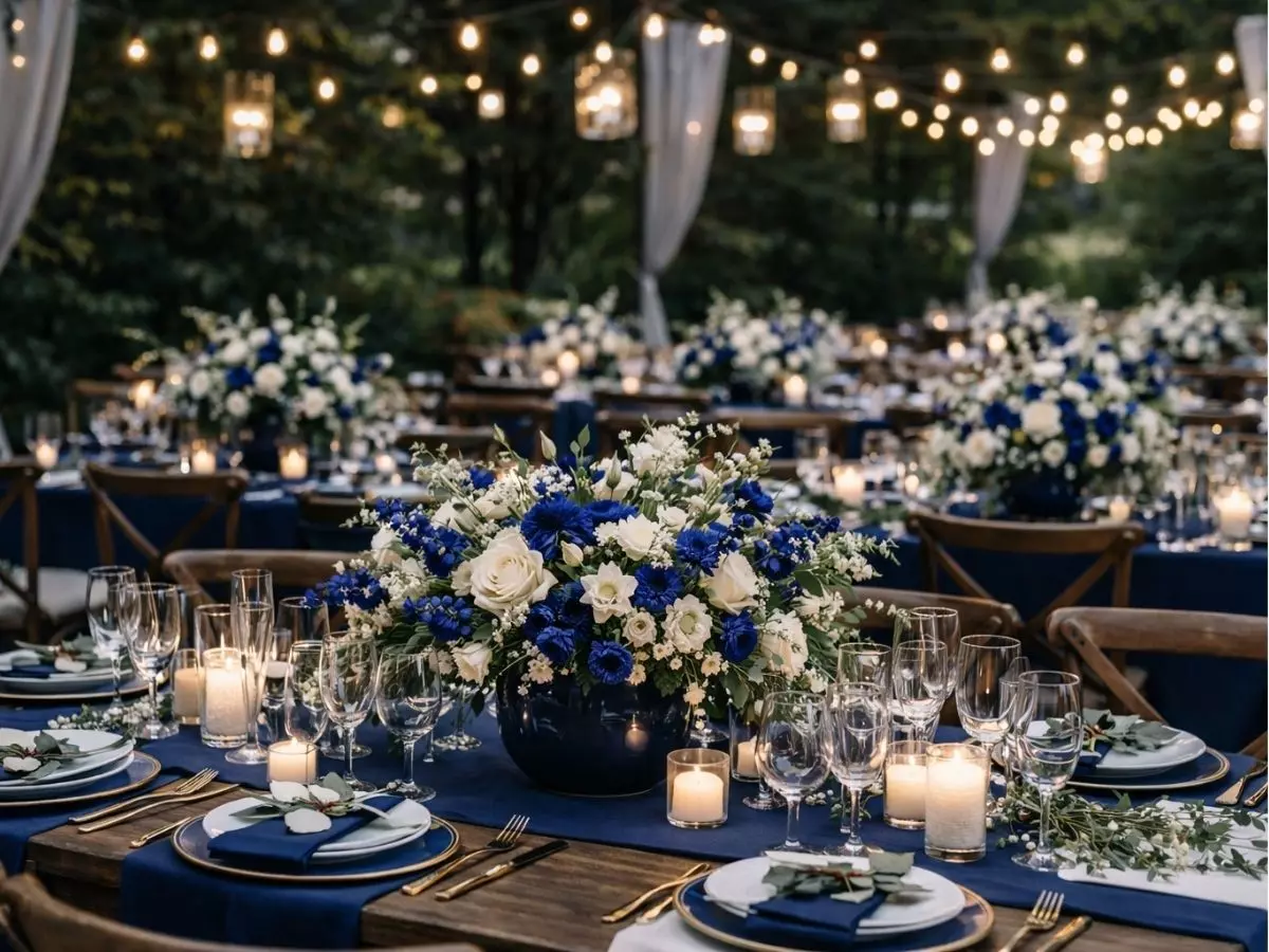 Área de recepção ao ar livre com mesas decoradas e iluminação suspensa.