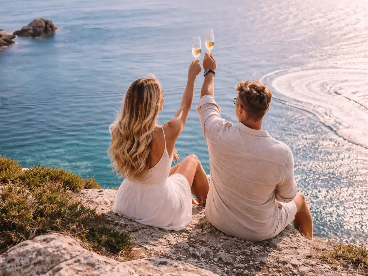 Casal recém-casado brindando durante a lua de mel à beira-mar