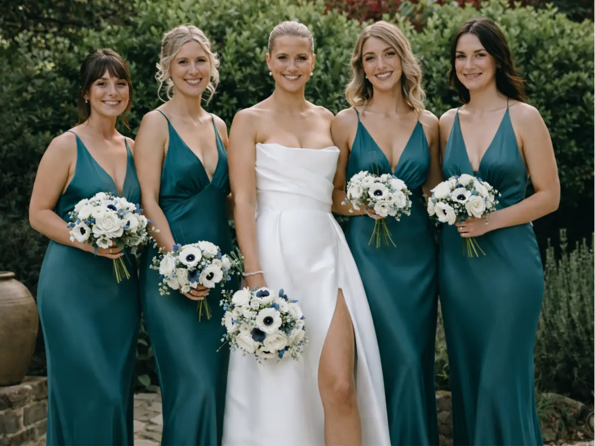 Grupo de madrinhas em vestidos verde-azulado ao lado da noiva com vestido branco em cerimônia externa.