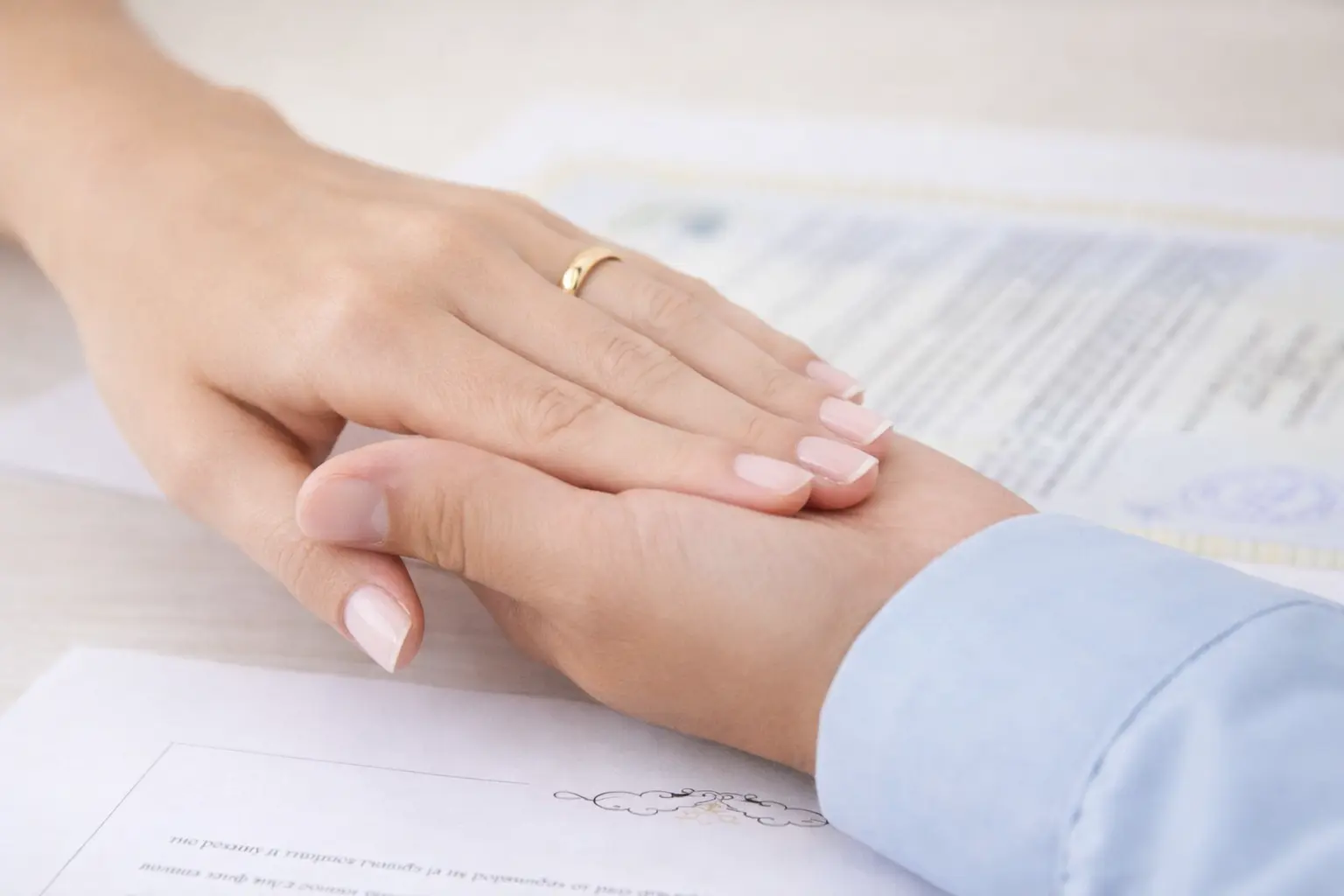 Comunhão parcial de bens representada por mãos com aliança apoiadas sobre documento relacionado ao casamento.