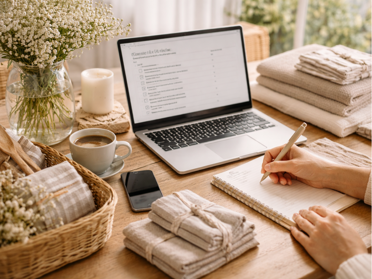 Mesa de madeira com notebook aberto e pessoa fazendo anotações em um caderno.
