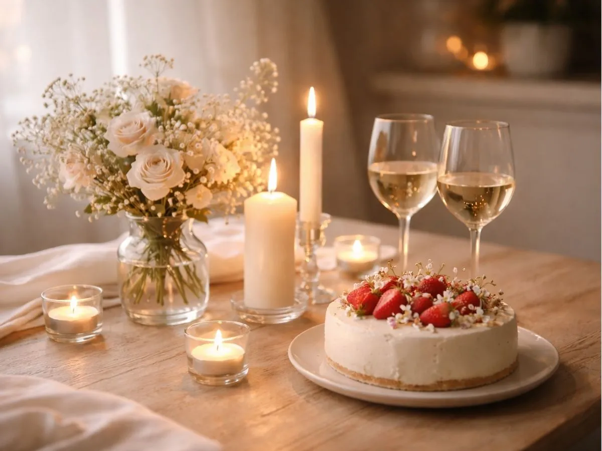 Mesa decorada com bolo, velas acesas, flores e taças para celebração de aniversário de casamento.