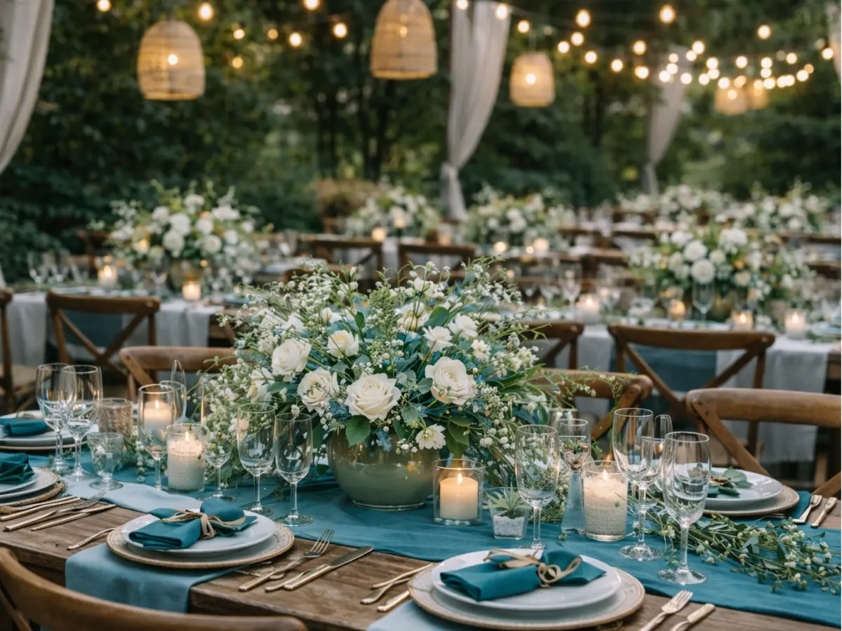 Mesa de jantar de casamento ao ar livre decorada com toalhas teal, flores brancas e iluminação com luzes suspensas.
