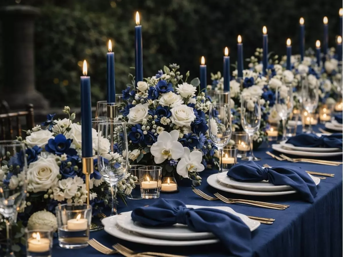 Mesa decorada com flores claras, velas acesas e tecidos escuros ao ar livre.