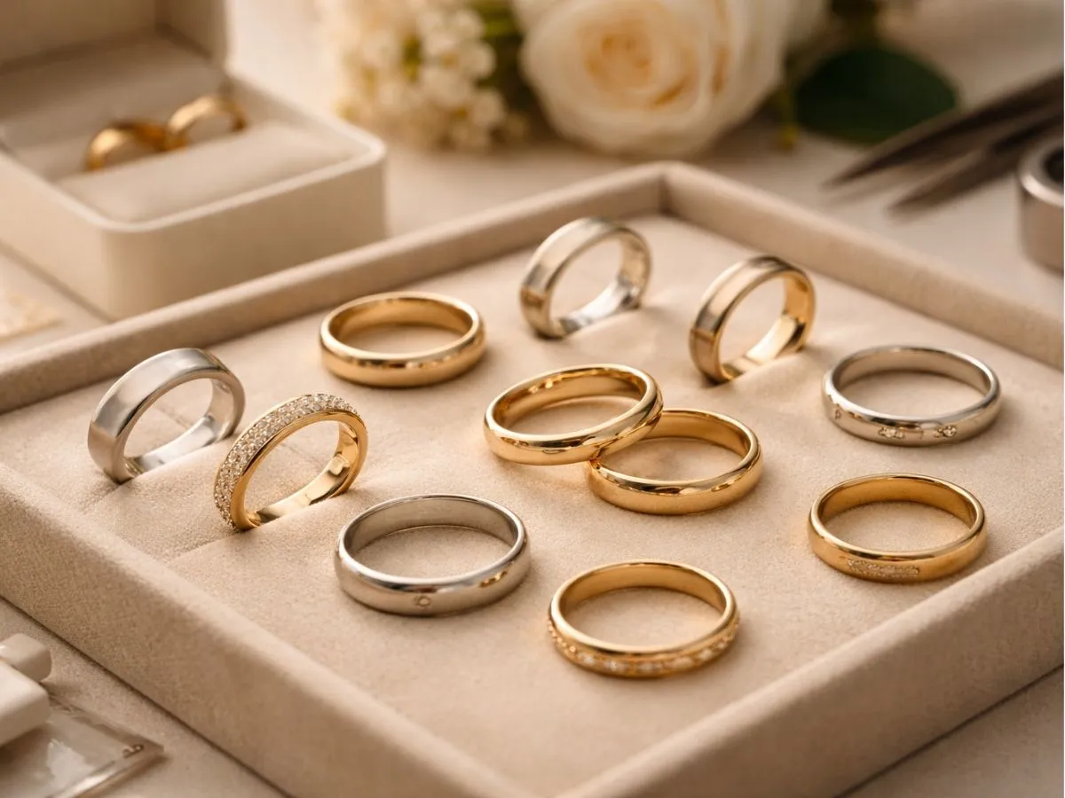 Diferentes modelos de anéis dourados e prateados organizados em um estojo claro.