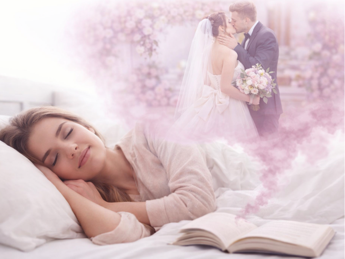 Mulher dormindo e imaginando que vai sonhar com casamento , com noiva e noivo em segundo plano