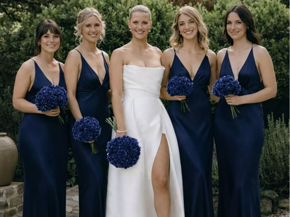 Noiva em vestido branco ao centro cercada por madrinhas usando vestidos azul-marinho com buquês em azul intenso.