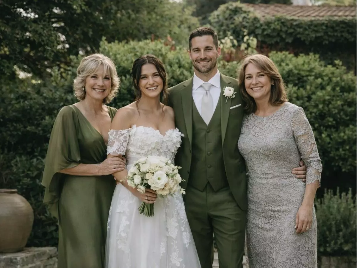 Noiva e noivo posando com as mães em um jardim, todos vestidos com elegância para a celebração.