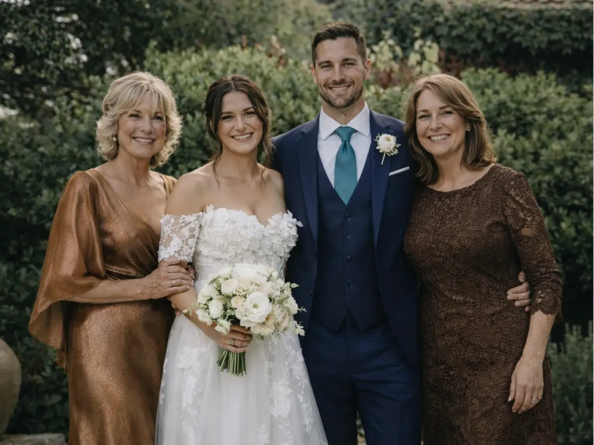 Noiva e noivo ao centro com mães vestindo tons terrosos e sofisticados em ambiente externo.