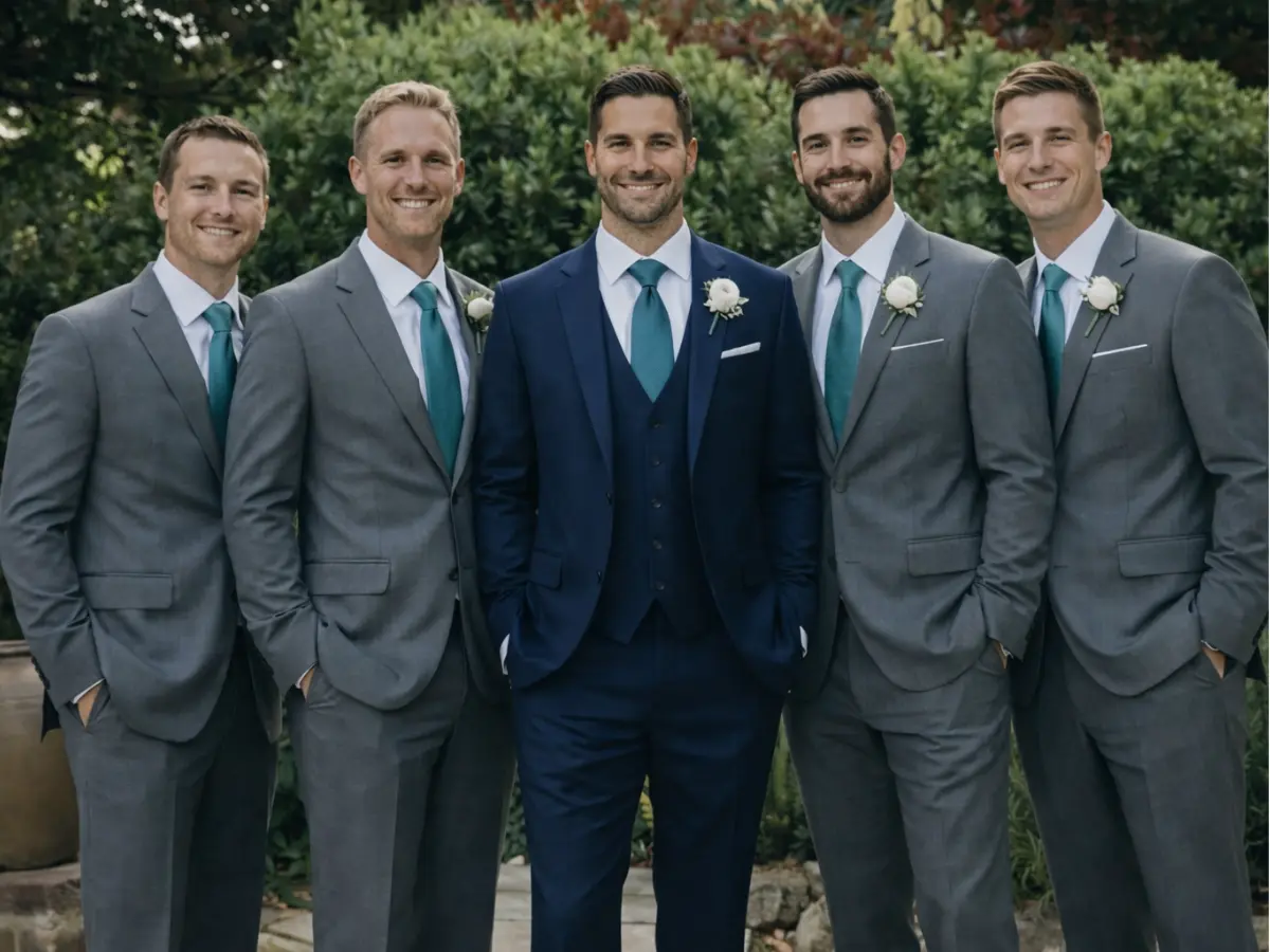 Noivo com terno azul escuro e padrinhos com ternos cinza e gravatas verde-azuladas em jardim.