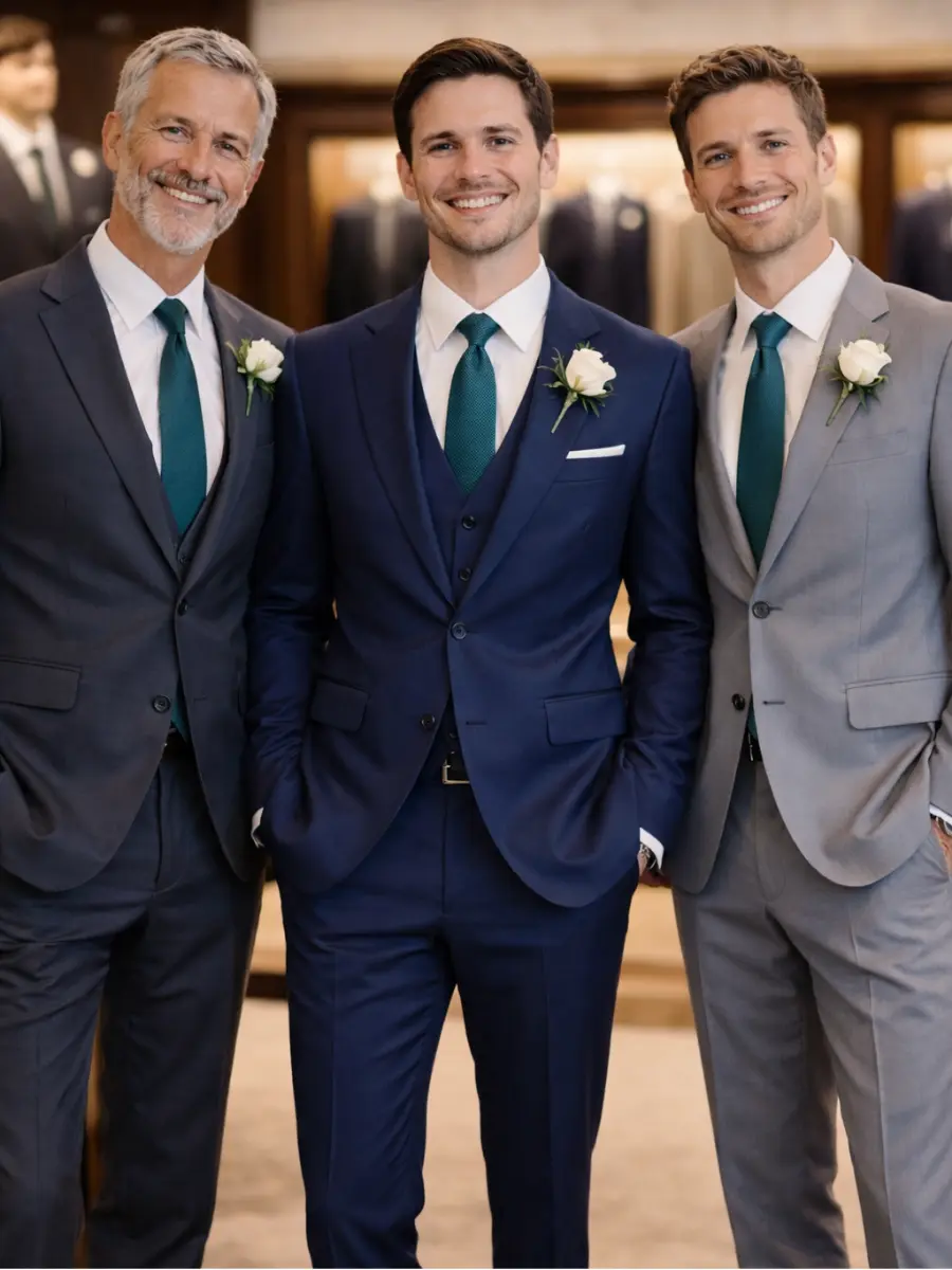 Noivo ao centro com terno azul-marinho, acompanhado por pai e padrinho em tons de cinza, com gravatas verde-azuladas e boutonnières brancas.