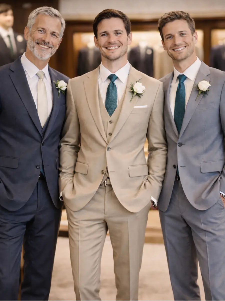 Noivo vestindo terno bege ao centro, ao lado do pai em terno azul-acinzentado e padrinho em terno cinza, todos com gravatas verde-azuladas.