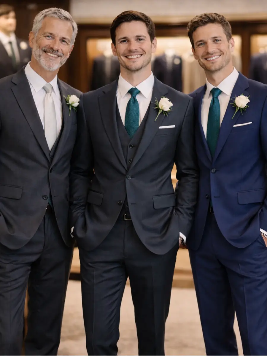 Noivo vestindo terno grafite, posando com pai e padrinho em ternos azul-marinho e cinza, com gravatas verde-azuladas e flores brancas.