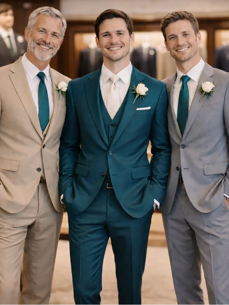 Noivo ao centro vestindo terno verde-azulado, acompanhado por pai e padrinho em ternos claros, com gravatas em tom teal e flores brancas na lapela.