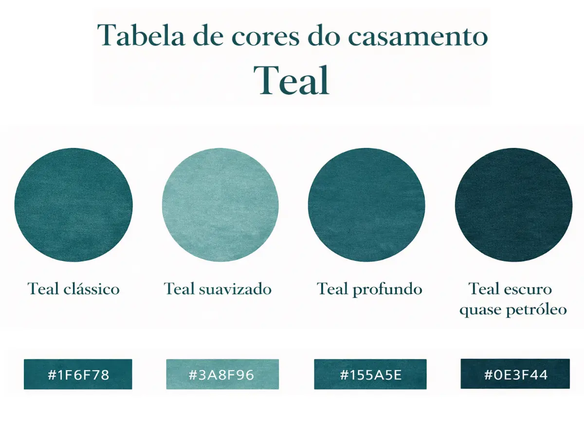 Tabela de cores do casamento teal com variações de tons verde-azulados e seus códigos hexadecimais.